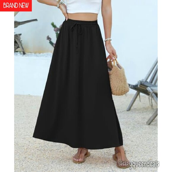 Maxi Skirt High Waisted Pleated Flowy with Pockets Elastic Waist A-Line - Picture 3 of 8